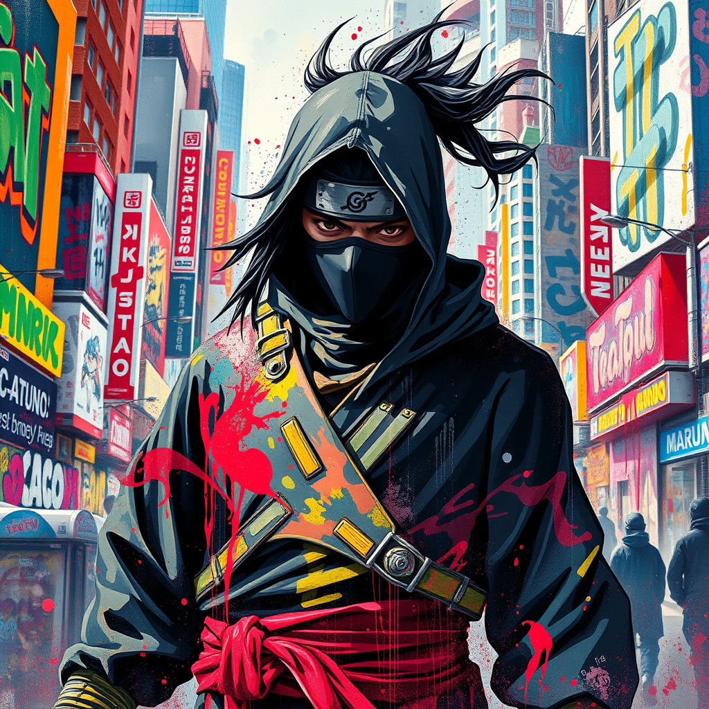 Ninja Graffiti Art in Vibrant Cityscape