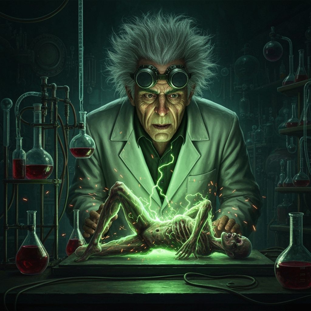 Mad Scientist Amazed by Electrified Creation in Sci-Fi Lab