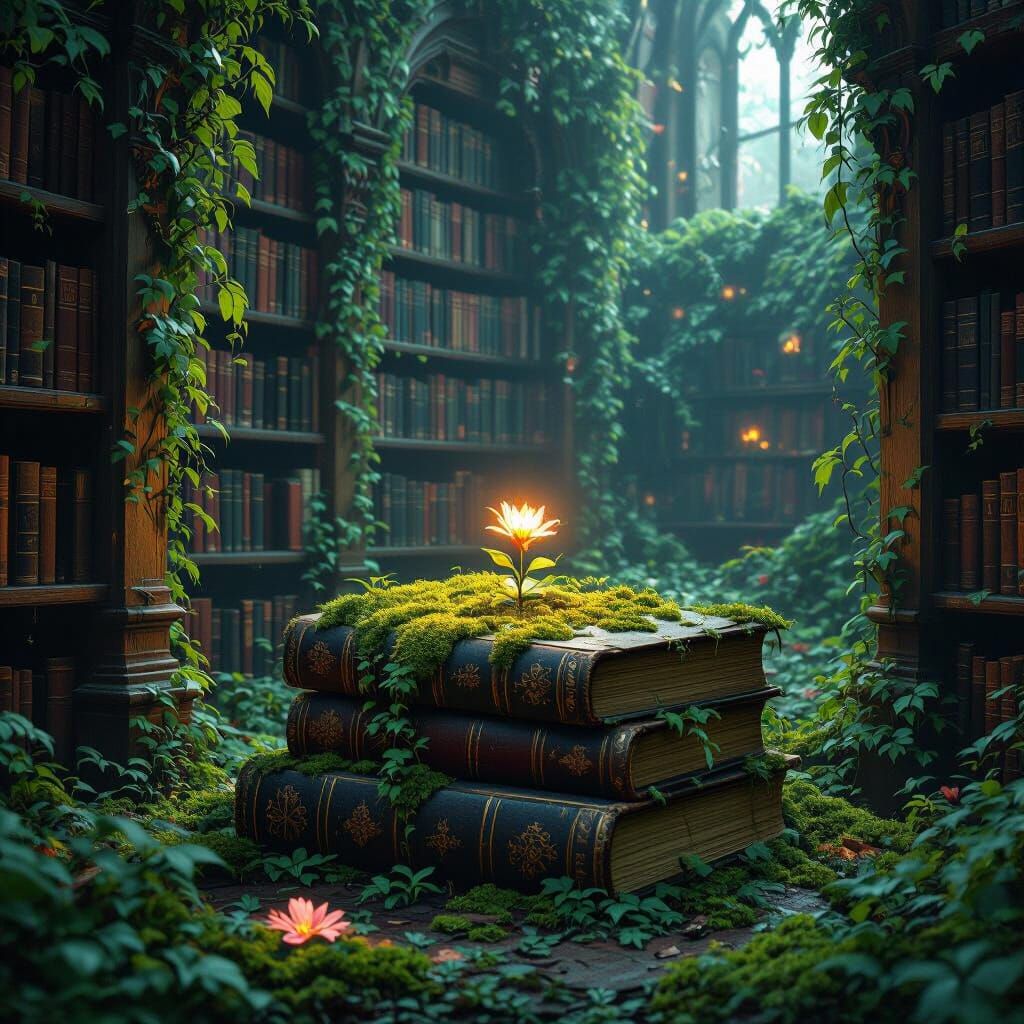 Glowing Flower Blooms in Overgrown Forgotten Library