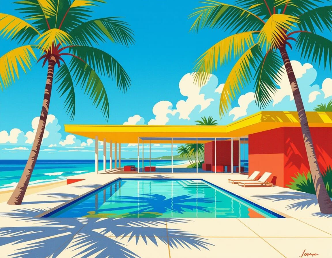 Modernist Building with Palm Trees in Oil Painting Style