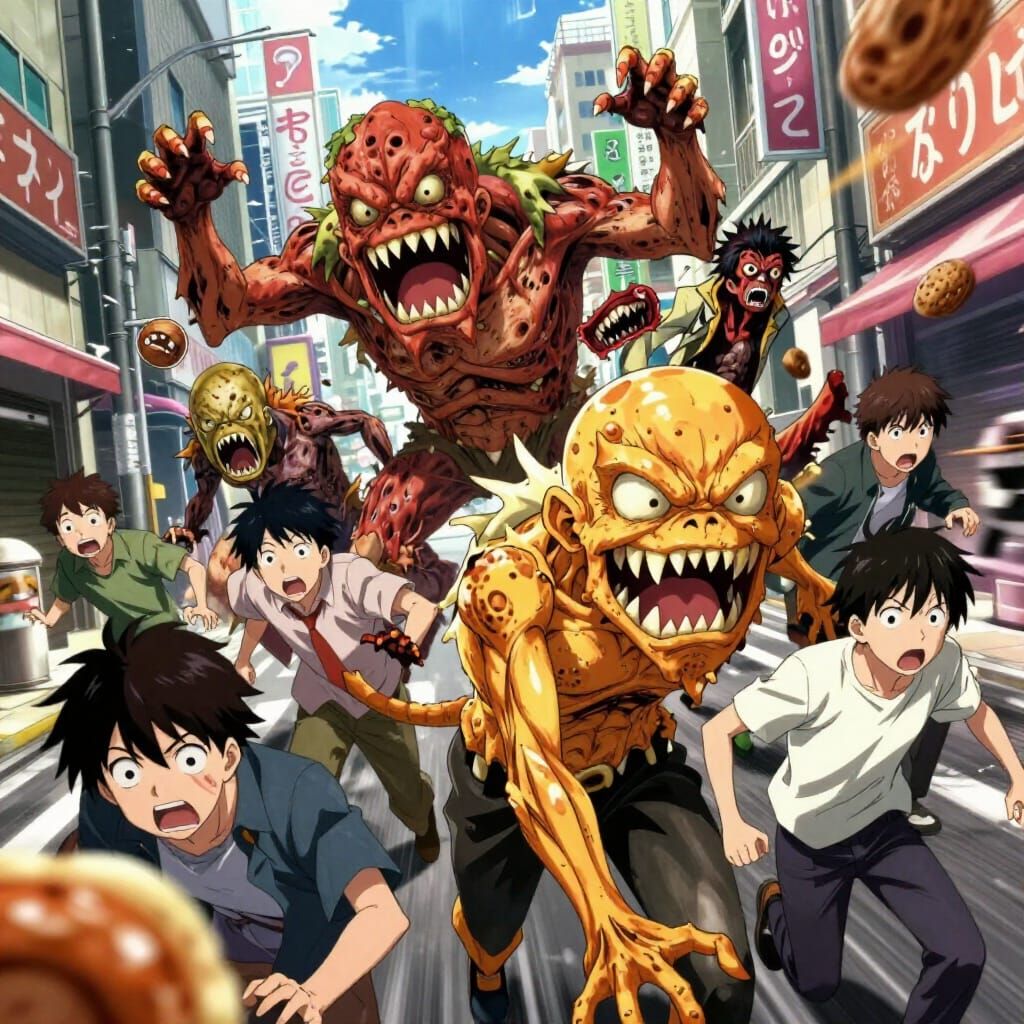 Monstrous Food Chases Humans in Anime Style