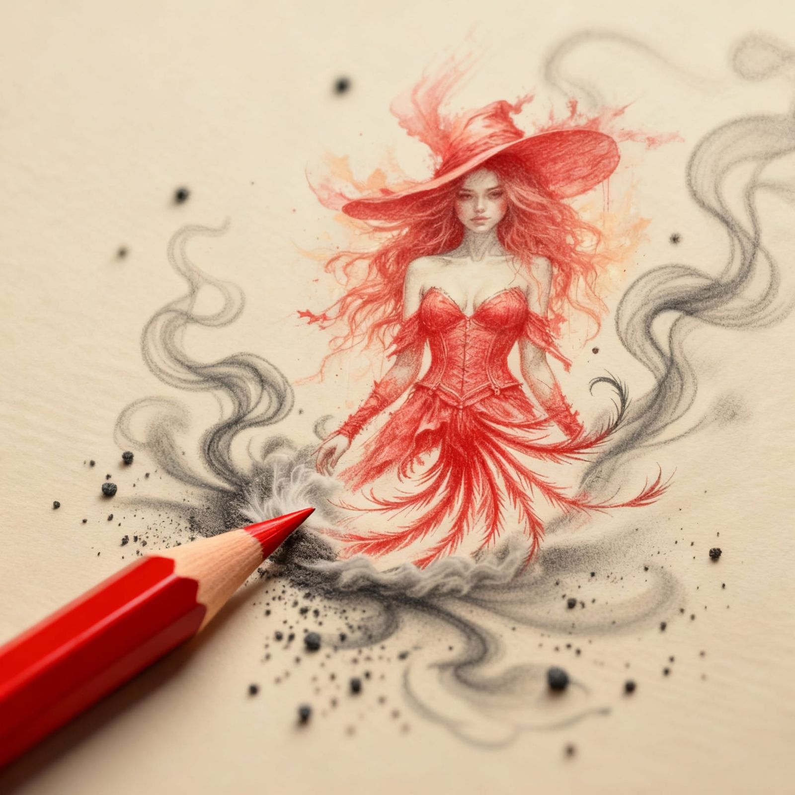 the pencil no longer draws a phoenix but a woman in red as i...