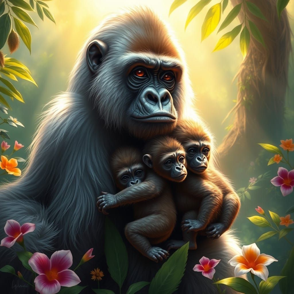 A Majestic Gorilla Matriarch in a Vibrant Jungle