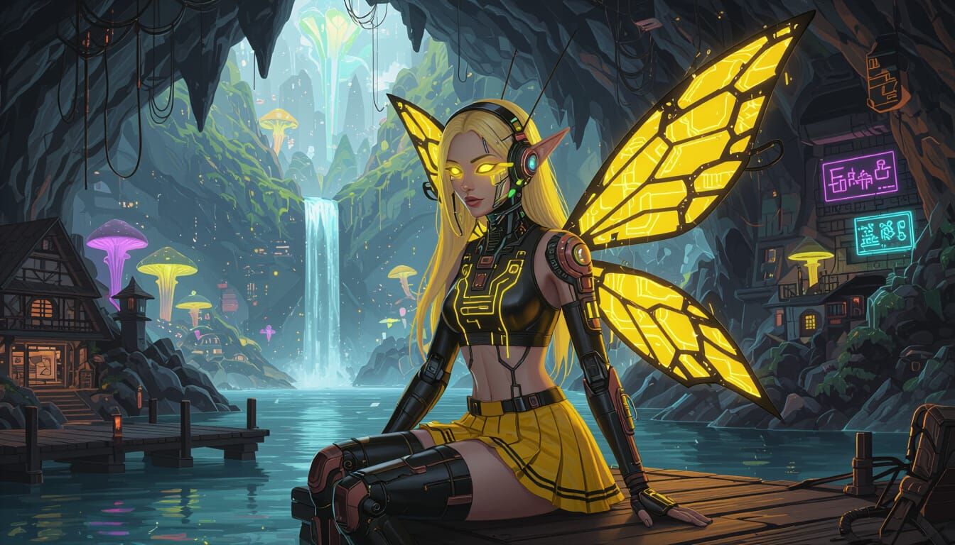 Neon Cyberpunk Fairy in Sci-Fi Cavern