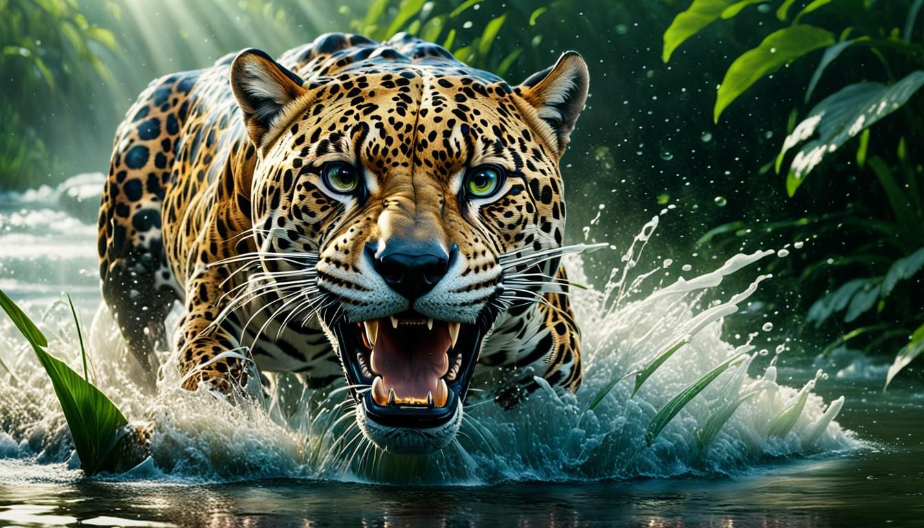 Jaguar Pouncing on Caiman in River: Splash Art