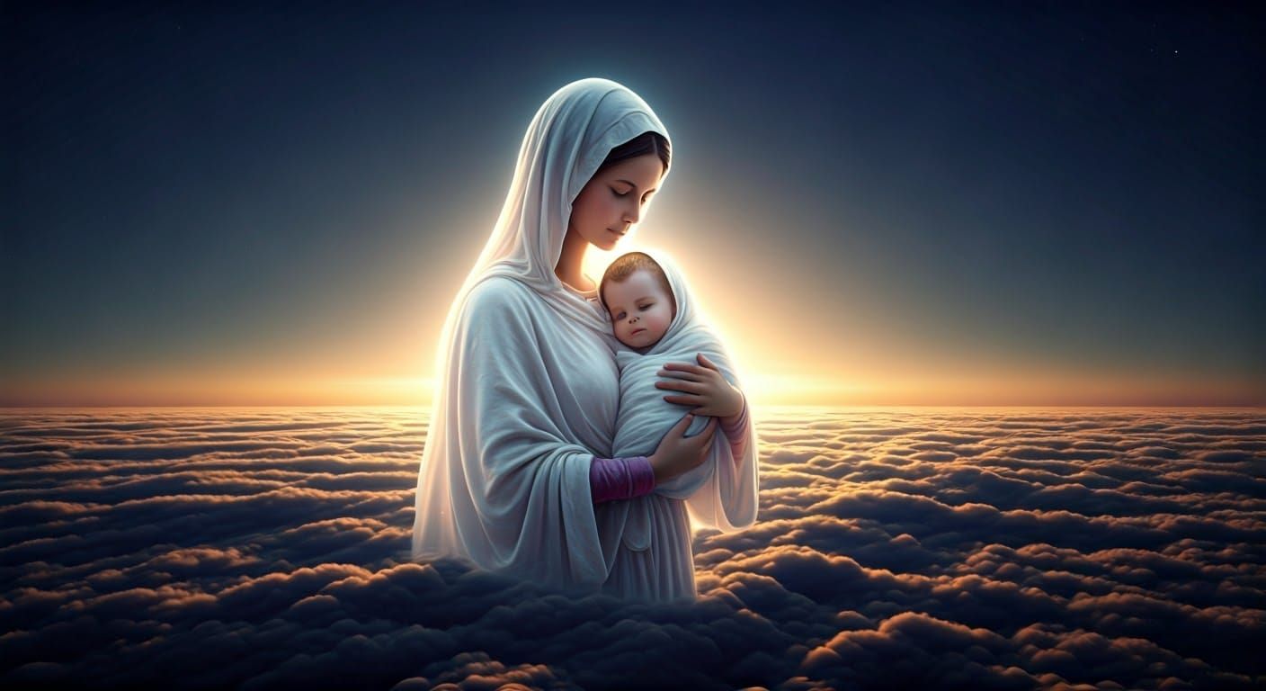 Mary Cradles Jesus in Celestial Cloudscape