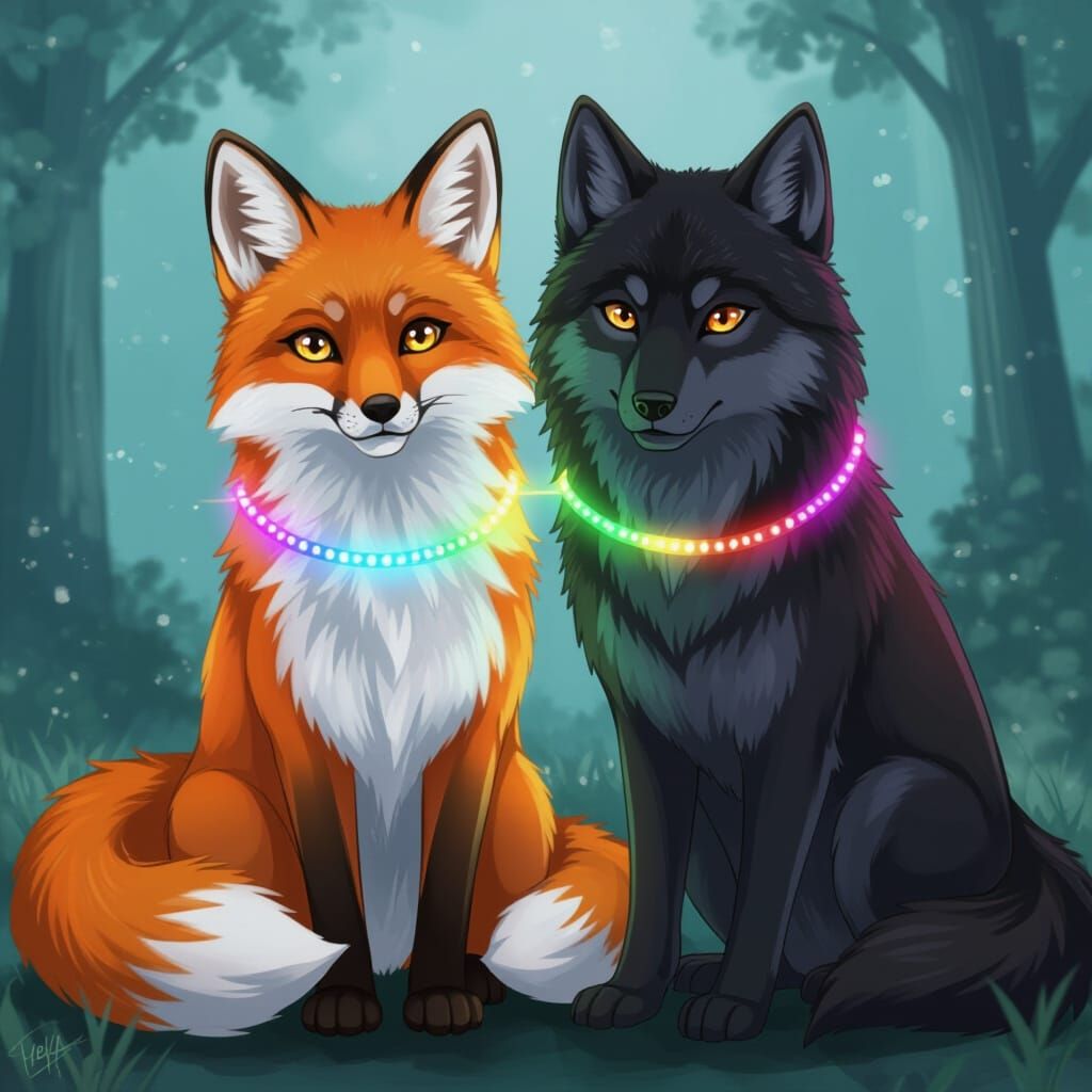 Red Fox and Black Wolf with Rainbow Collars: Graphic Art Ani...