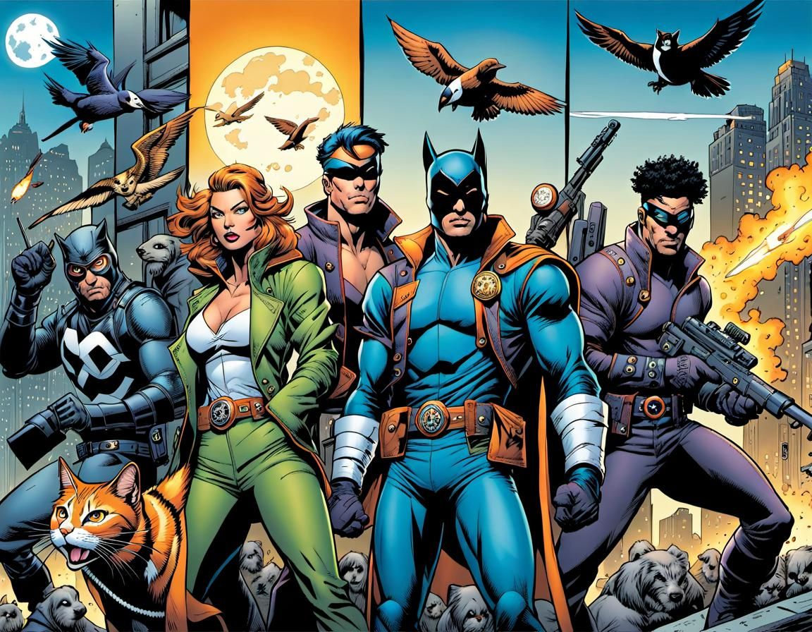 Animal-Themed Heroes Escape in Comic Book Art Style