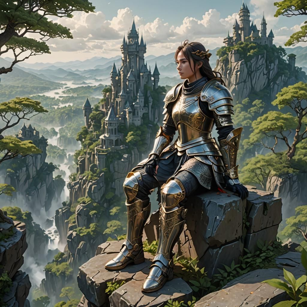 Knight in Ornate Armor Resting in Misty Forest