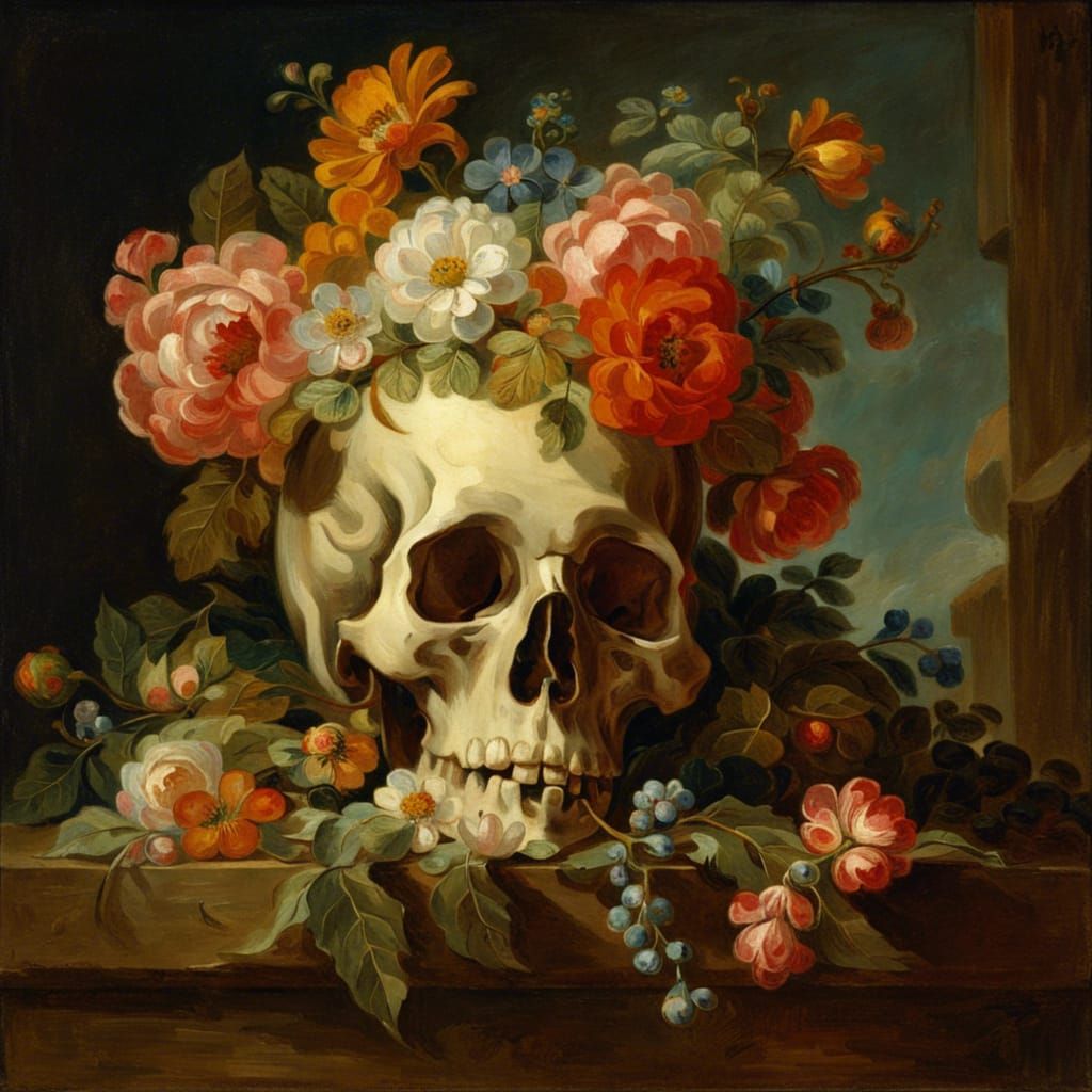 Skull with Flowers in Rococo Style