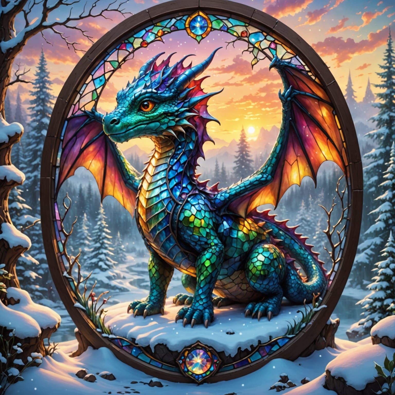 Stained Glass Dragon in Winter Wonderland Landscape