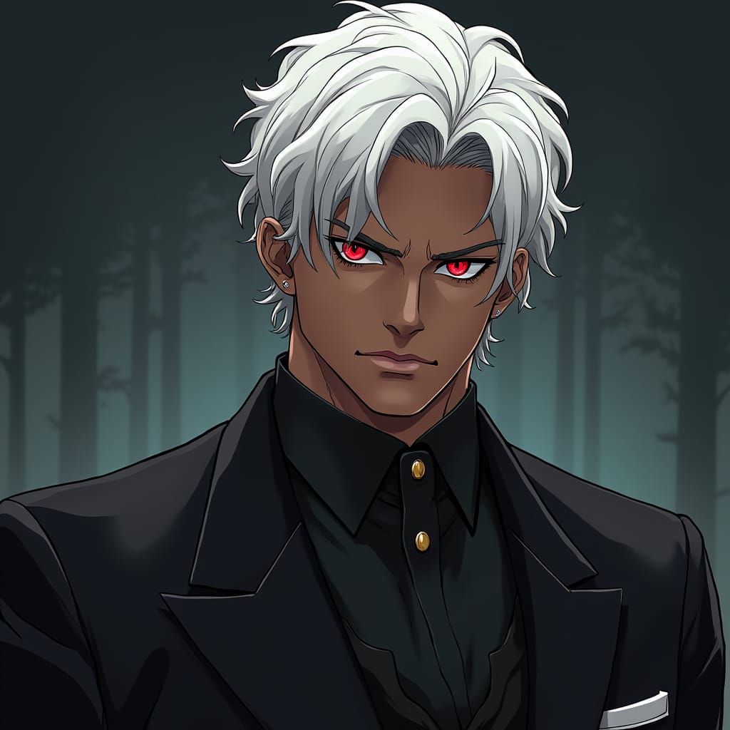Anime Black Man with White Hair and Red Eyes