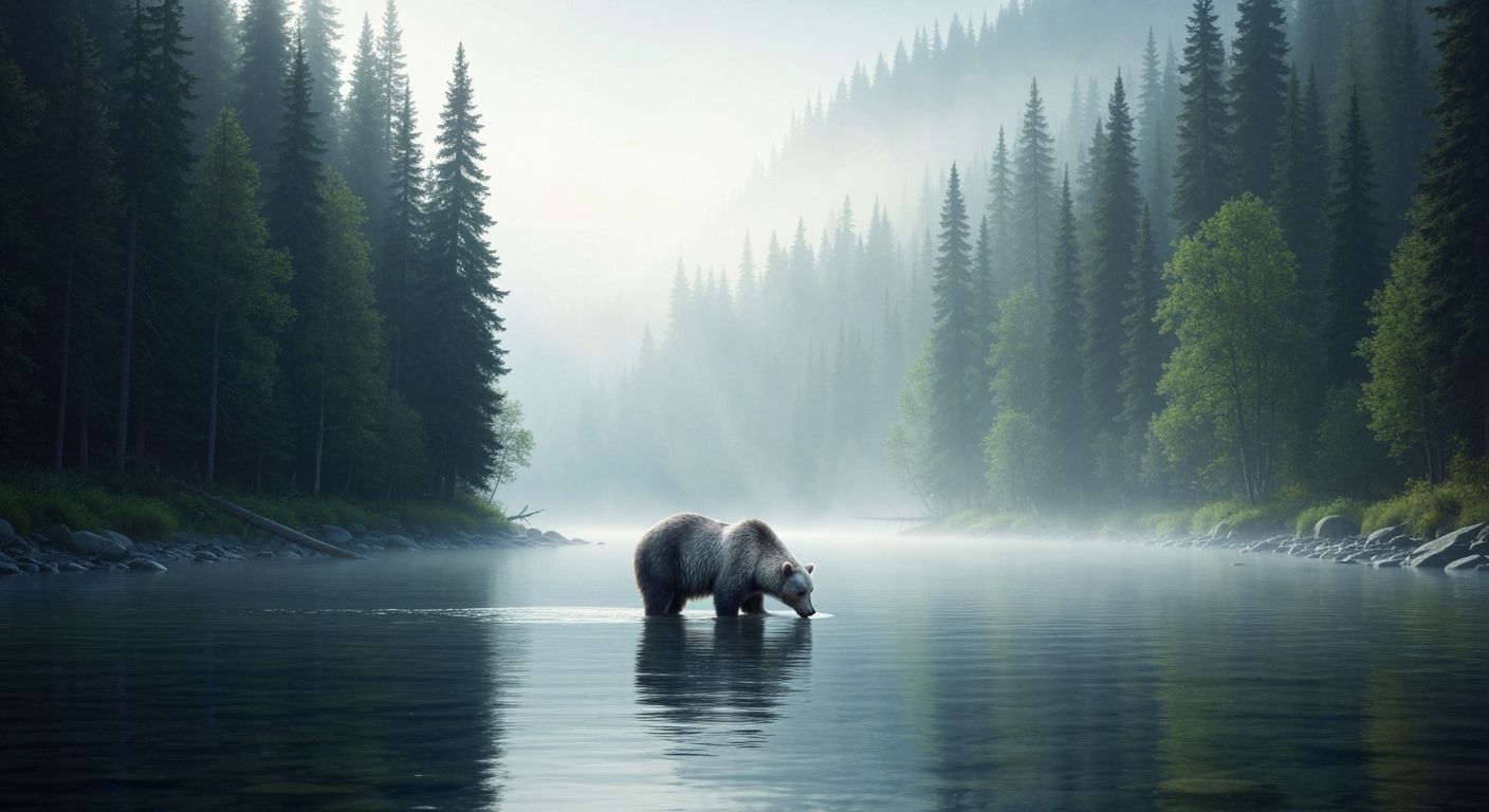 Misty Northern Forest River Scene with Bear