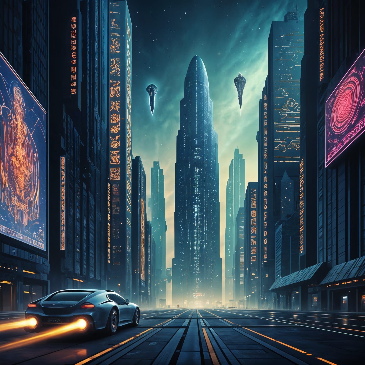 Futuristic Cityscape with Alien Spaceship and Holograms