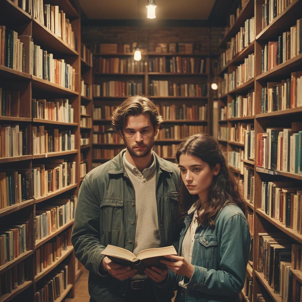 Romantic Bookstore Encounter in Golden Hour Light