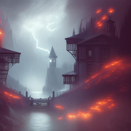 Train in Thunderstorm: Detailed Matte Painting