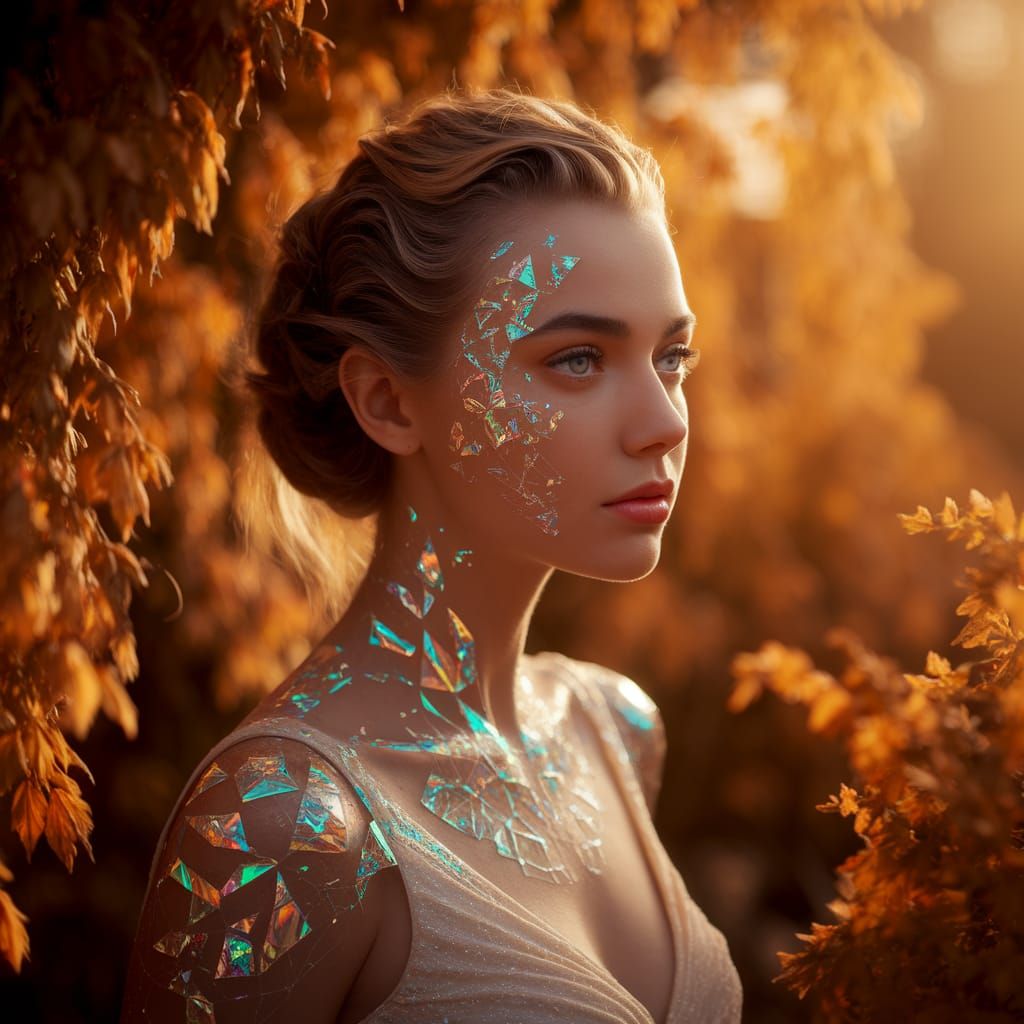 Beautiful Woman with Iridescent Skin in Golden Light