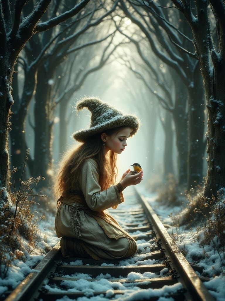 Ethereal Fae Child Feeds Bird in Snowy Forest