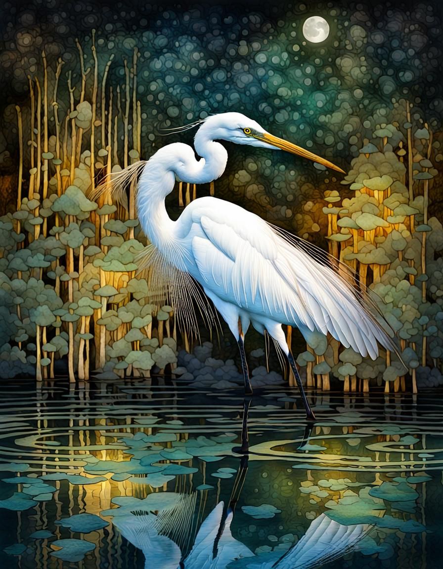 Egret Wading at Night in Calligraphic Double Exposure Art