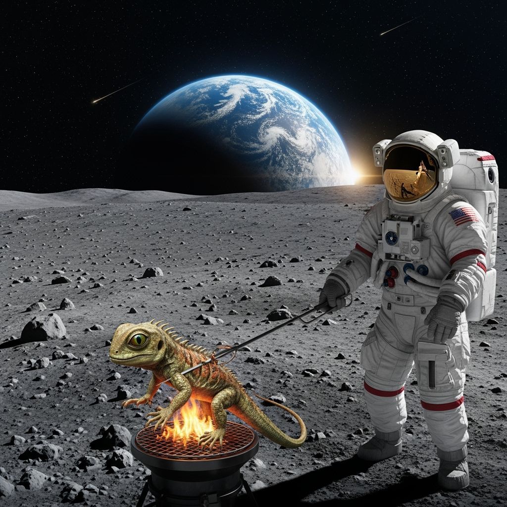 Astronaut Barbecues Alien Lizard Under Earthrise on Moon