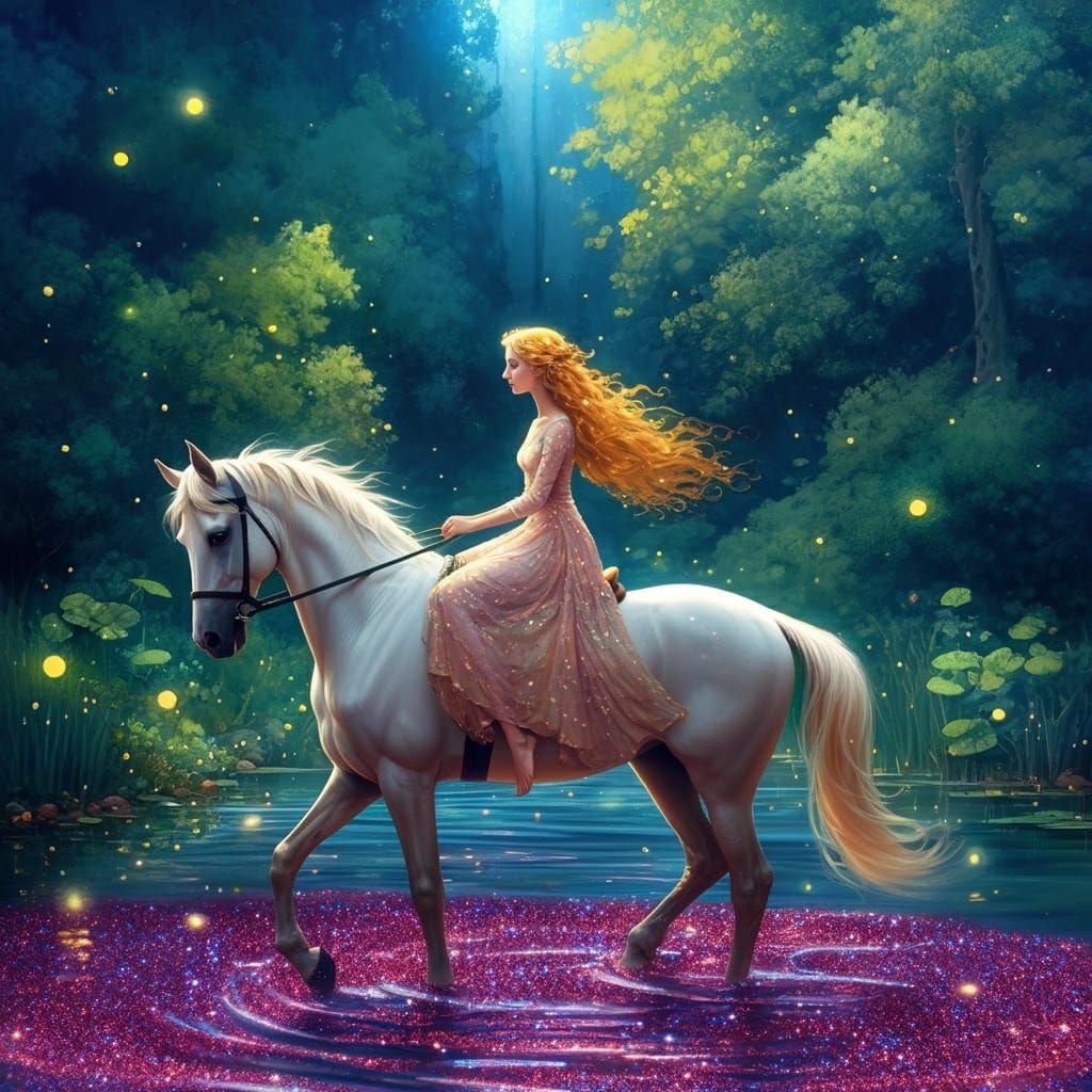 Romantic Lady Rides Horse in Whimsical Forest