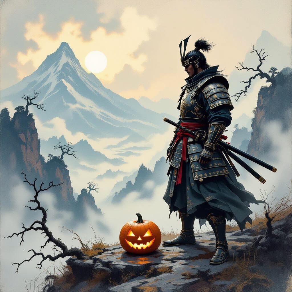 Samurai Warrior on Misty Mountain Peak with Glowing Pumpkin