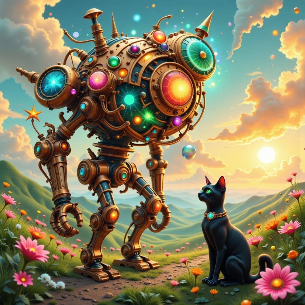 Steampunk Robot in Dreamy Landscape with Black Cat