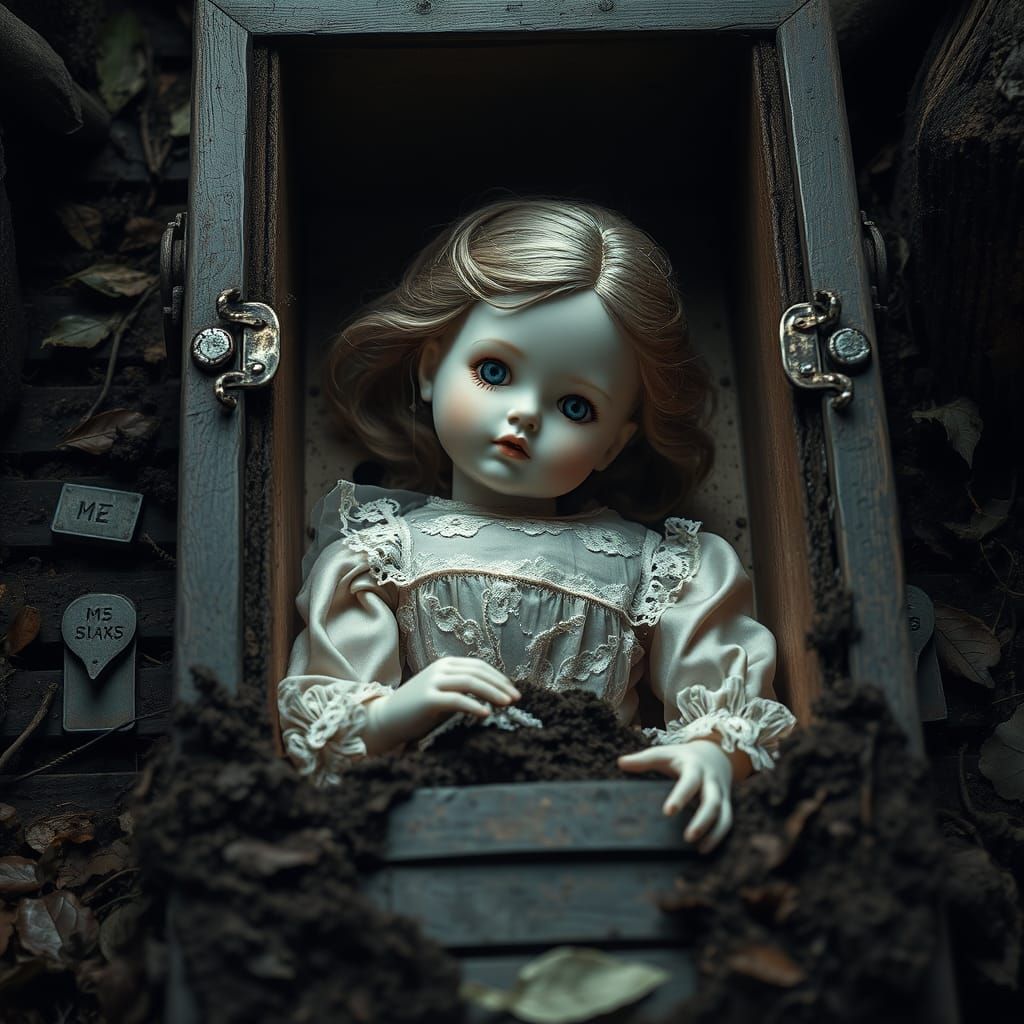Antique Doll Buried in a Worn Wooden Coffin in a Dark Underg...