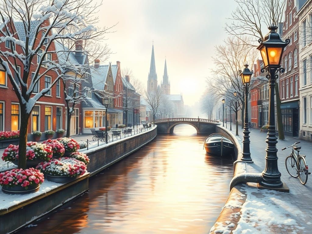 enchanting hyper realistic detailed oil and watercolor mix painting featuring a view of a canal in Amsterdam in winter. ...