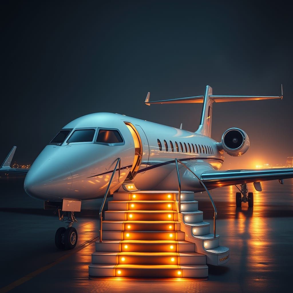 Luxurious Private Jet Under Golden Runway Lights at Night