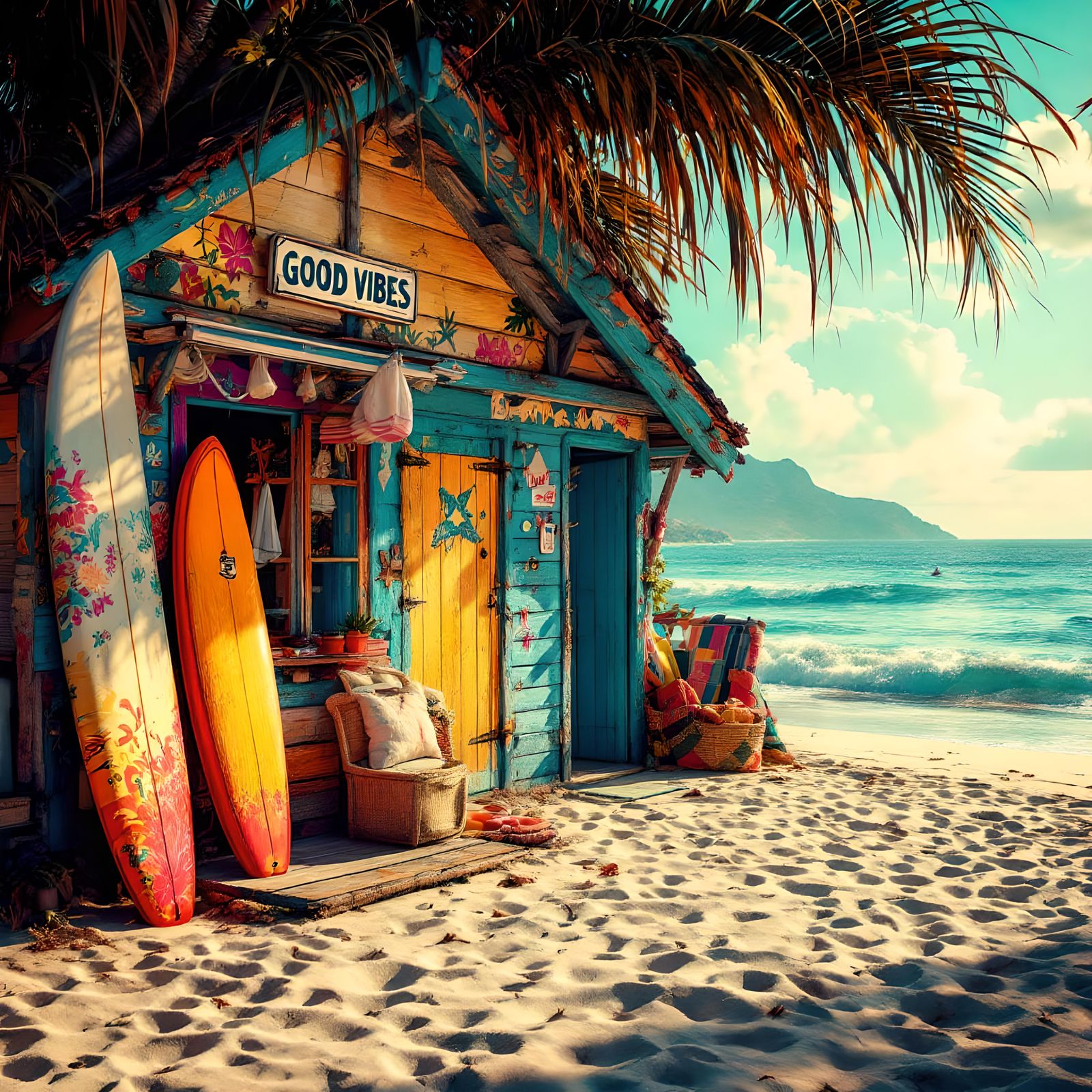 Hyperrealistic Beach Hut with Surfboards on Sunny Day