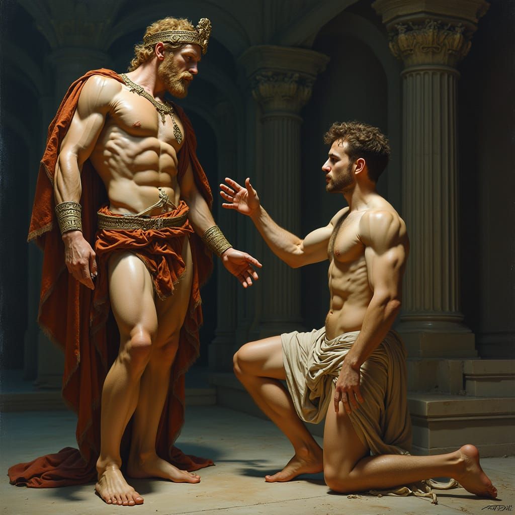 Poet Kneels Before King in Surrealist Style