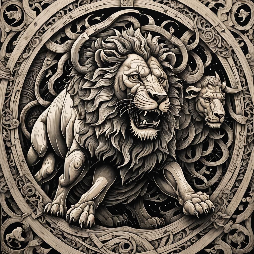 Lion and Buffalo Battle: Escher-Style Woodcut