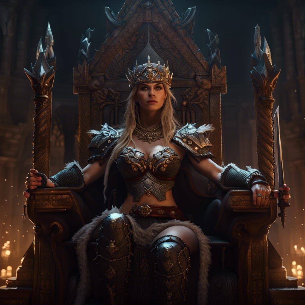 Barbarian Queen on Throne, Dark Fantasy Concept Art