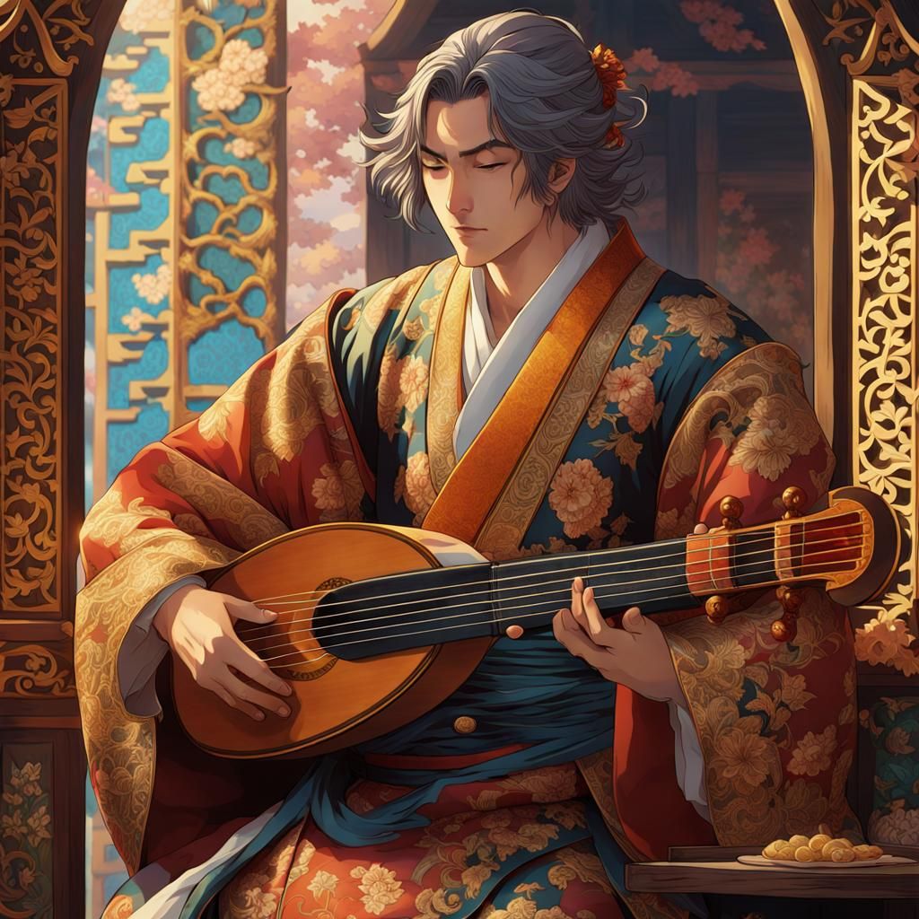 Man Playing Lute in Anime Manga Style
