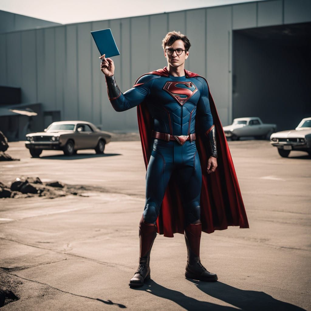 Man in Superhero Pose, Standing in Used Car Lot