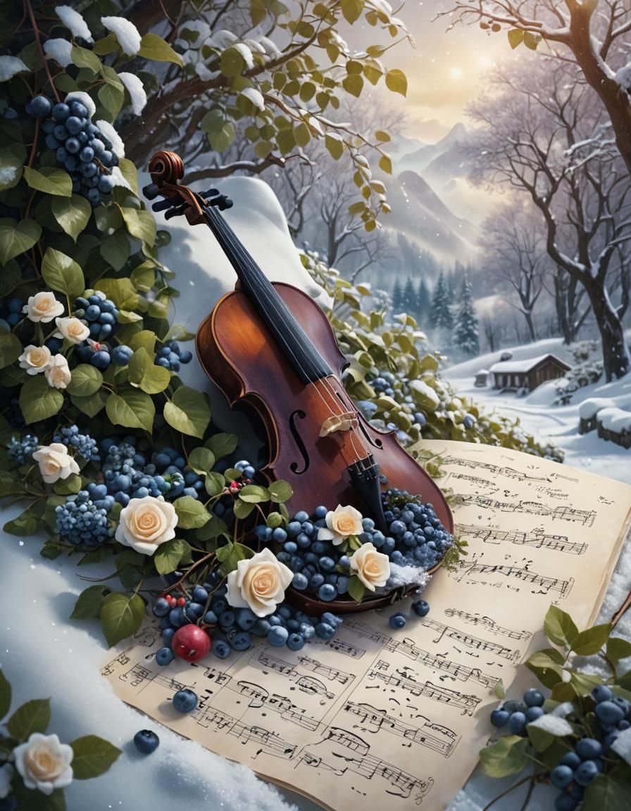 Violin Surrounded by Winter Blooms in Dreamlike Painting