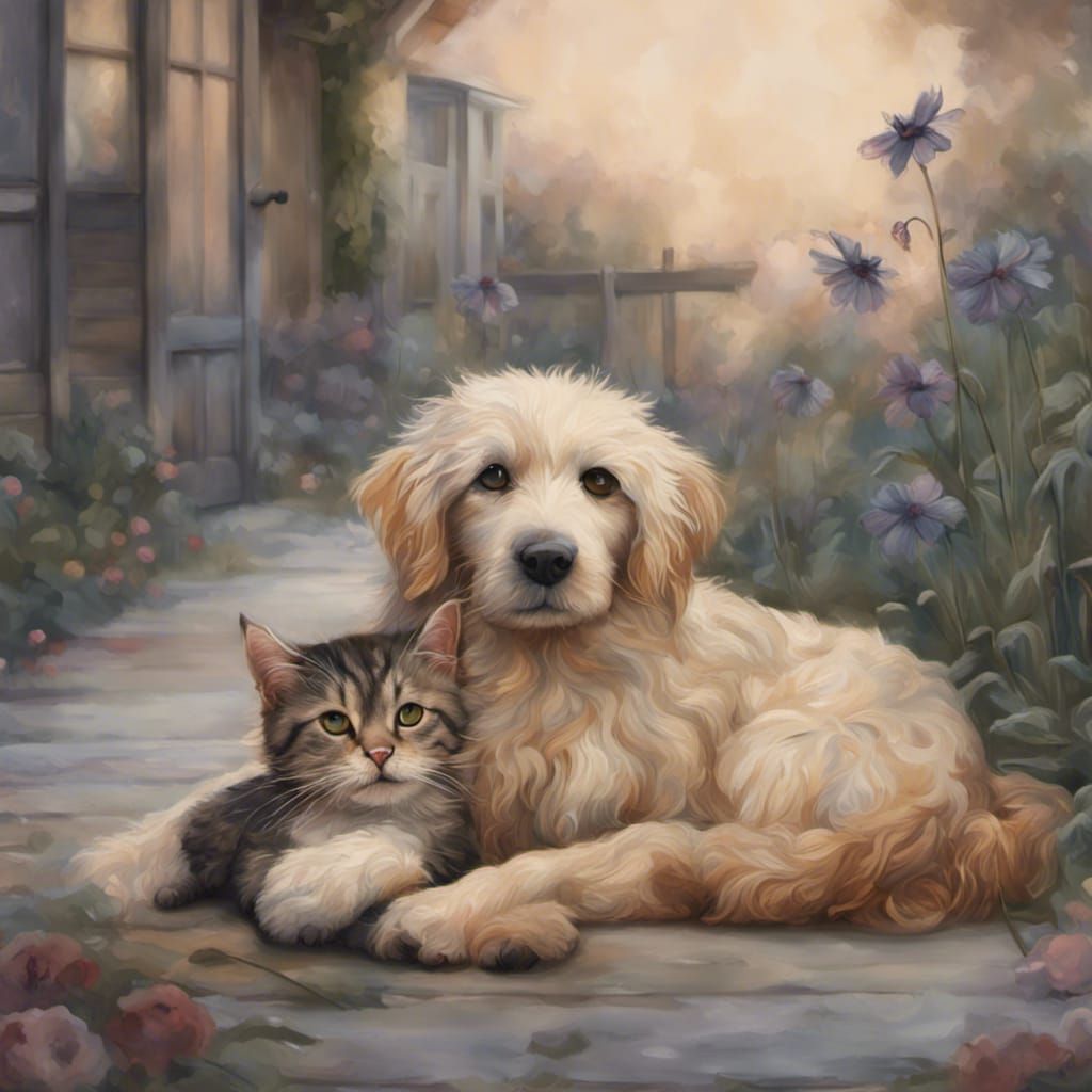 Dog and Cat Hugging in Crochet Wool Style