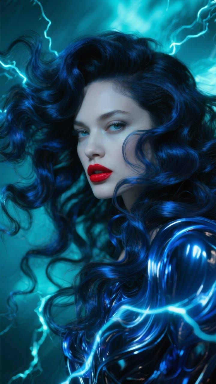 Electric Sapphire Woman: Cinematic Close-up