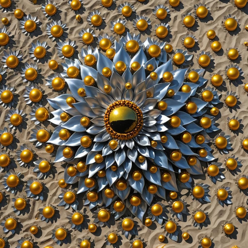 Polychrome Metallic Sunflower Sculpture on Beach