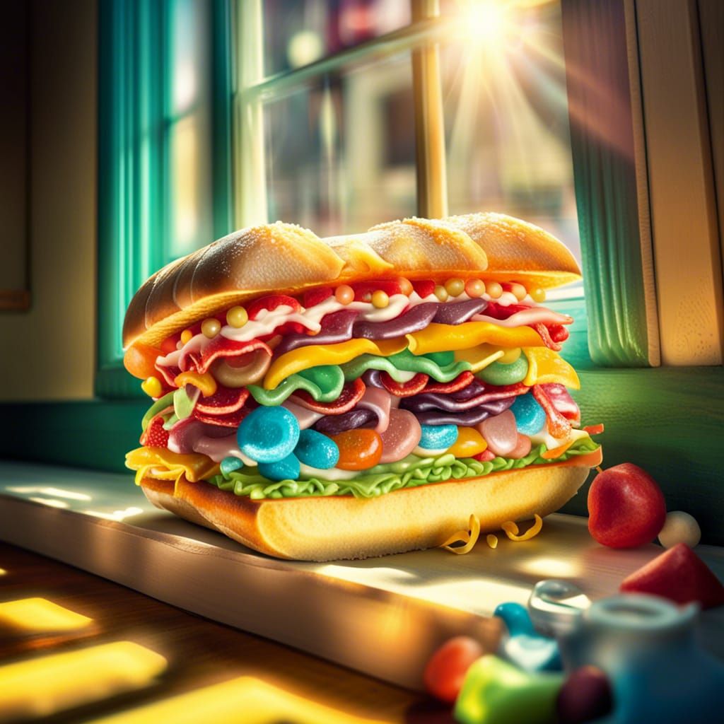 Giant Candy Sub Sandwich in Hyperrealistic Style