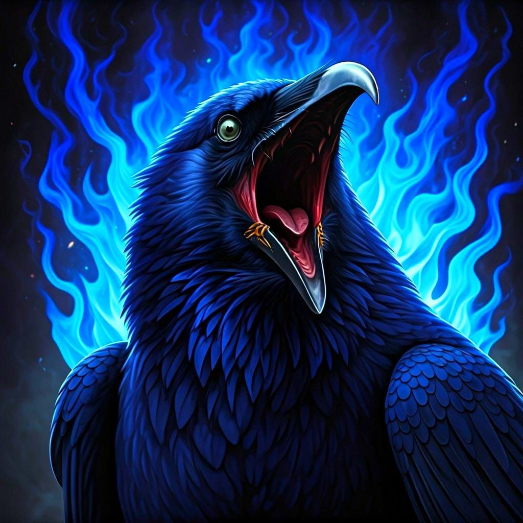 Crow Spirit Roaring in Cobalt Blue Flames