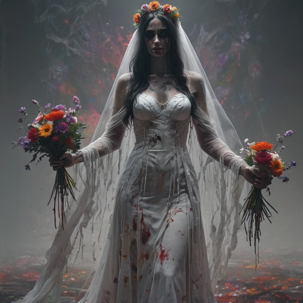 Ghost Bride with Flowers in Dark Fantasy Style