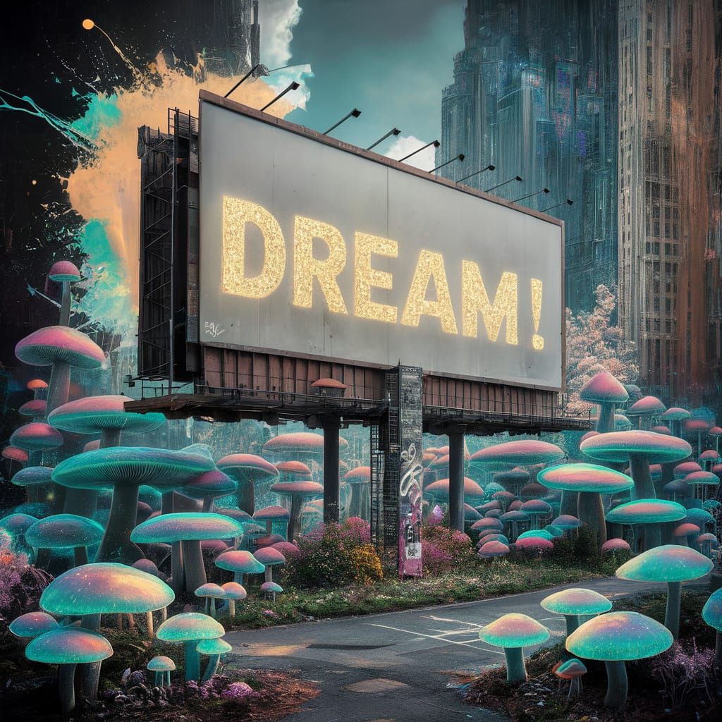 Bioluminescent Mushroom Garden with "DREAM!" Billboard