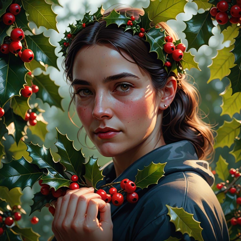 Woman with Holly in Hyper-Realistic Digital Art