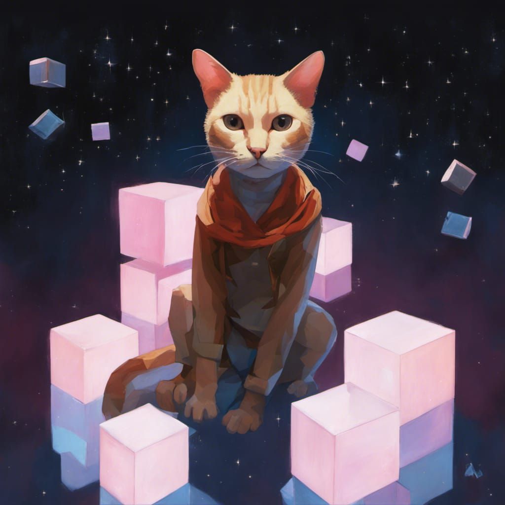 Anime Cat Surrounded by Luminescent Cubes