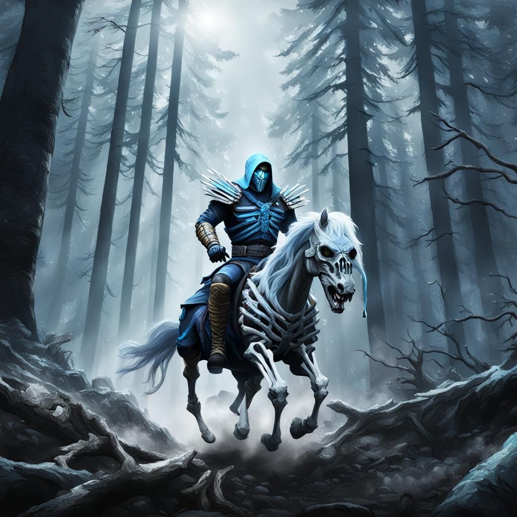 Skeletal Sub-Zero Warrior Rides Through Forest