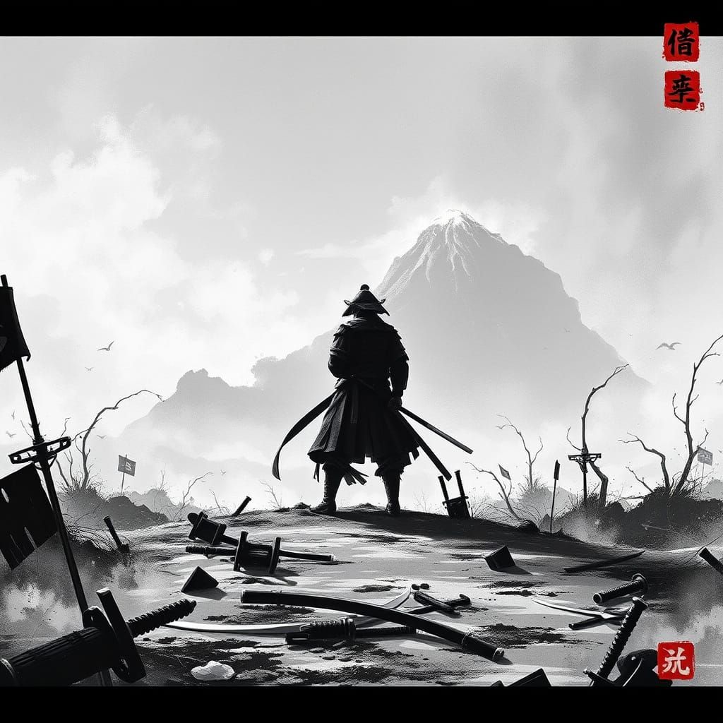 Lone Samurai Stands on Windswept Battlefield in Japanese Ink...