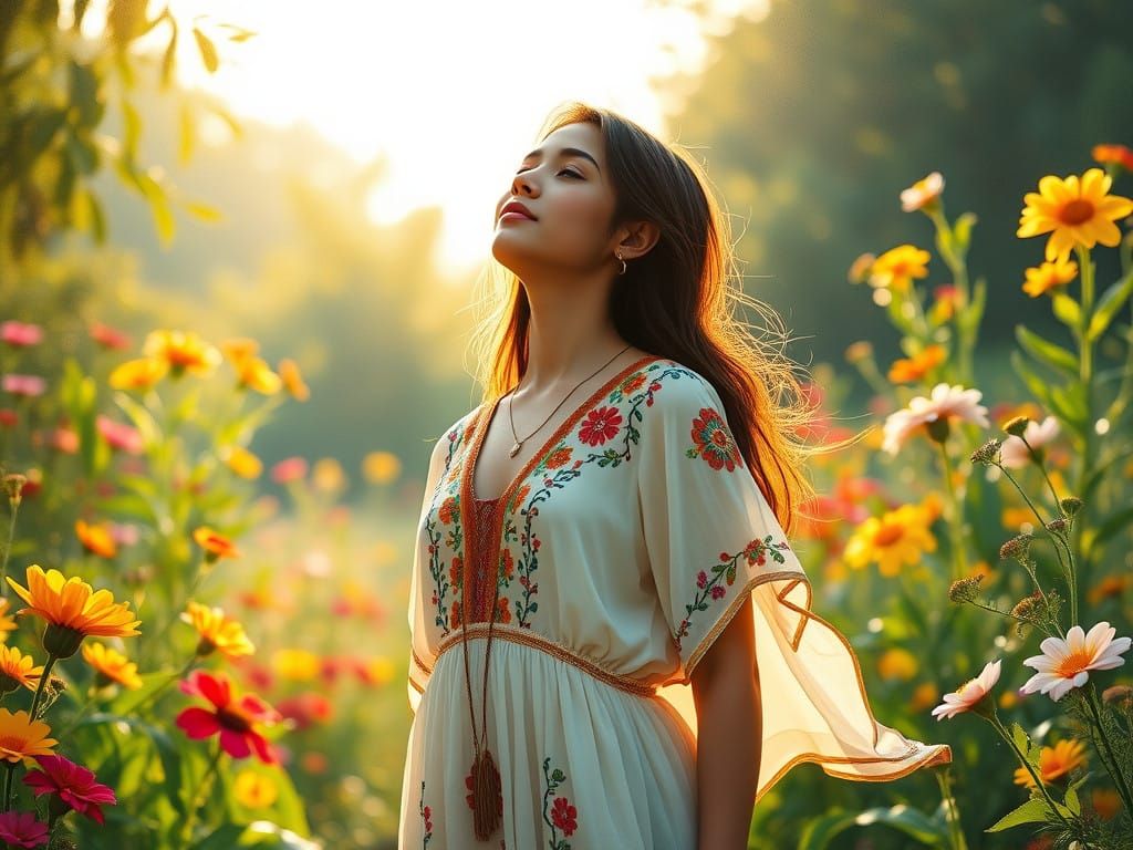 Empowered Woman in Blooming Garden with Golden Light