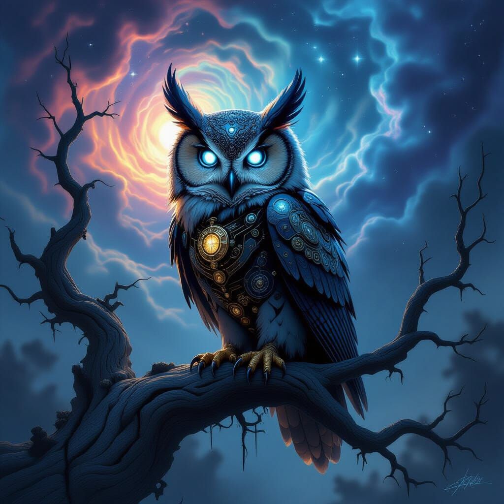 Clockwork Owl in Nebula Sky, Dark Fantasy Steampunk Art